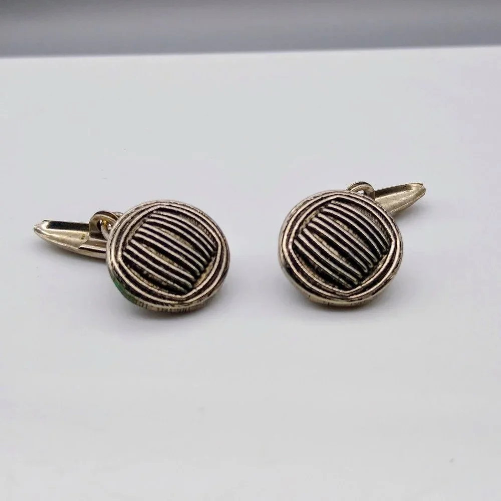 Vintage Striped Button Cuff Links, Dapper Silver Tone Brutalist, Gift for Him